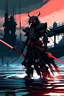 Placeholder: samurai robot in black cloak in a cyberpunk environment and big blood sword anime in sea