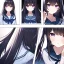 Placeholder: Clear focus,High resolution, Black long fluffy hair, long bangs, and purple eyes, wearing a sailor uniform, Full body, Medium Close up, High quality comic