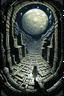 Placeholder: THE MOON HIDDEN SHADOWY beuracracy lost in the temple maze STYLE OF HIROKU OGAI