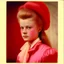 Placeholder: Young Marie-Antoinette in pink and red, heavy haircut, polaroid 1970s