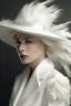 Placeholder: All white textured a woman with white classic feathered hat and white clothes