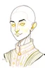 Placeholder: full colour drawing, portrait, 22-year old friendly slender female human cleric, shaved head, blonde eyebrows