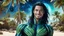 Placeholder: beautiful gorgeous young man na'vi with long hair, Avatar, blue skin, two small ears, green eyes, black hair, in cosmic suit, galactic ambiance, medium pointy goatee , smiling, with spaceship and planets and palm trees and clear crystaline cosmic beach in background