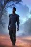 Placeholder: 3D render of a cyberpunk tribal young black man, black hair and goatee, on a dark blue jungle background, digital art