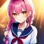 Placeholder: girl, masterpiece, best quality, volumetric lighting, detailed outfit, perfect eyes, pink hair, orange eyes, school outfit, braided ponytail,