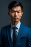 Placeholder: Young Asian man with dark brown styled hair, eyes a beautiful shade of blue, and tan skin with a thin and lean build. Wearing a nice suit.