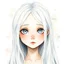 Placeholder: A young woman with long white hair, white eyebrows, light grey eyes, long eyelashes, very pale, ((very shy)), watercolor splotchy background, soft brushstrokes, intricately detailed, round face, cute