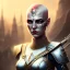 Placeholder: fantasy setting, half-hawk hairstyle, woman, dark-skinned, indian, shaved head