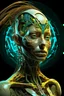 Placeholder: Create a surreal, futuristic portrait of a humanoid woman organic hair figure with a bright, skin surface. The figure’s head and upper body are partially disintegrated, revealing intricate, glowing, organic structures beneath the surface. The inner structures are illuminated with teal and golden hues, resembling bioluminescent veins or energy cores. The figure is in a contemplative pose, with one hand gently touching its chin. The background is minimal and abstract, allowing the focus to remain