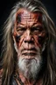 Placeholder: portrait of a 55 year old man. He's a warrior. His face is scarred. He has salt and pepper long hair and a beard.