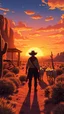 Placeholder: anime style, sunset, desert garden, a cowboy with cows on his bourse , cinematic view