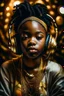 Placeholder: earthy black young woman listening to music with small old school headphones, soul, peace, majestic, earthy colours, at peace, happy, incense, jewels, bands, natural, old school headphones, blasian eyes, incense, very dark skin, crystals, gold arm bands, lots