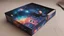 Placeholder: a box 10 cm long by 5 cm wide and 25 cm high, drawn on a box on all sides, space, tress, planets, crow galaxies a lot of colours, very realistic