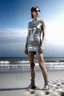 Placeholder: woman, skinny, full body, long legs, flat chest, silver onepiece swimsuit without legs and arms, photorealistic, on beach, wedge shoes