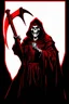 Placeholder: hooded Grim-Reaper gripping scythe(upward), vignette, black and white graphic novel style with a red outline, and black background,