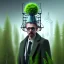 Placeholder: portrait of mad scientist in coat, metal mad hat ,cell towers overgrown with plants, autmn, mist, spotlights, spray paint art, book illustration, 4k, high detail