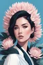 Placeholder: A minimalist portrait of a young woman, retro aesthetic, encircled by king protea blooms. flat shading. art by wlop, artgerm, and akihiko yoshida. limited color palette in shades of blue, pale pink and black.