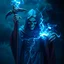 Placeholder: Grim Reaper, volumetric lighting, particales,highly detailed, deep colours,8k, blue, casting a lighting spell