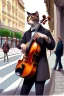 Placeholder: One single mature cat playing violin on the street, Vienna, friendly, model style, hyper realistic, extremely accurate, delicate, extremely detailed, Graphic novel style, wide-angle, open aperture, superfine pencil