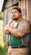 Placeholder: half figure photography of a burly chubby overweight muscular brazilian farmer 25 years old, sweat, short curly hair, tattoo, big goatee, manly chest, dirty tank top and dirty boxer , hand on the fap, tank top with dirty overalls, on the door of a large barn, under the sun