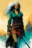 Placeholder: create an imaginative full body print illustration of an ethereal, otherworldly haggard and grim female Witcher , in the comic book art style of Bill Sienkiewicz, Mike Mignola, and Jean Giraud Moebius, with highly detailed feminine facial features , finely drawn, colored and inked,