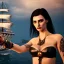 Placeholder: realistic, young spanish model pointing with a old pistol,short black hair flowing. black tatoo on arm. dressed as a pirate, bra with carved leather. Salvador dalì style. Ships in background with high details. 4k, unreal engine.