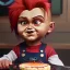 Placeholder: create me an ultra realistic chucky doll celebrating his 35th birthday by stabbing the cake with his knife