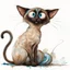 Placeholder: Small cursive signature Meezer3 (transparent white) in the lower right corner, delicate and integrated into the painting. Oriental shorthair Siamese chocolate point cat with vivid blue eyes. art style. Mixture of techniques. Scratched paint, peeling paint, dry brush, watercolor washes, ghost image details, blotted paint areas. Mixed media; gouache, alcohol ink, oil crayon, conté crayon, pastel and collage. Colorful Concentric Rings of a polished Agate Slice. ChatGPT