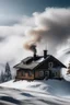 Placeholder: A house on a snowy mountain with smoke rising from it