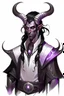 Placeholder: En Young male Black skin black hair tiefling White Wizard with large Black horns with a bit of Purple horns same size going from the front to the back. glowing Silver and White symbols