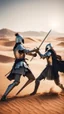 Placeholder: Picture of two knights fighting with swords, in the desert