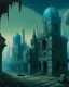 Placeholder: A blackish teal abandoned broken city with hovering buildings painted by Francis Danby