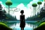 Placeholder: A skinny woman with a black bob hairstyle, in a green and silver suit, standing, looking out over a lake, in an alien forest, with tall narrow cloud trees, with flying dandelion heads with octopus tentacles