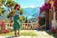 Placeholder: very beautiful lady with beautiful midi green- silver,jeweled lace skirt and pretty same material top with curvy hair high heels standing in a nice villa yard with trees flowers ,in country side in floor of beautiful mountains ,sea with ships ,water falls,16 by 9