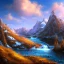 Placeholder: MOUNTAIN, STREAM, blue sky, clouds