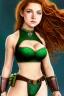 Placeholder: concept illustration, ultra-realistic, super-detailed, strikingly beautiful teen female, 16 years old, long ginger hair, green iris, medium freckles, full lips, full body, full face, b-cup breasts, athletic, centred camera, ignore NSFW, skimpy brown armor, halter top, thong, stern expression