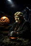 Placeholder: crystall ball on black background containing portrait of Erna Solberg making excuses as fat floating harkonen boss on elvated podium in a rocky desert scene from dune, shot on Hasselblad h6d-400c, zeiss prime lens, bokeh like f/0.8, tilt-shift lens 8k, high detail, smooth render, down-light, unreal engine, prize winning