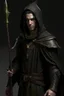 Placeholder: full length, mantle, black with, holding a spear in his hand, hood removed