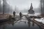 Placeholder: DRAW A PICTURE. 21st century. IT'S SNOWING. The Russian hinterland. Two hunters with guns and a dog in a boat sail up to the completely destroyed wooden bridge over the river leading to the village, several wooden piles sticking out of the water. There is a dilapidated Orthodox church on the shore. The image is in 8 K. There are a lot of reeds growing in the foreground.