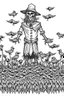 Placeholder: A scarecrow standing in a cornfield, with crows circling overhead. Outline, sketch style, only use outline, mandala style, clean line art, white background, no shadows, no clear wall, coloring page.