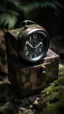 Placeholder: An old classic clock in a box without indicators in the background of black vein, human veins, mixing together a lot of them, like a forest, big and small veins a lot of them, an army helmet from WW2