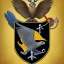 Placeholder: Fantasy setting, coat of arms with a kestrel holding a black anchor in its talons, encircled by a navy blue ring and a yellow half circle shape above it.