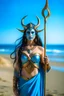 Placeholder: A picture of a beautiful blue faced indian goddess with skin painted blue, blue painted body, blue painted torso, wild black hair, stag antlers, elven ears, golden skirt, holding a staff on a sunny beach