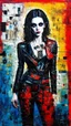 Placeholder: Abstract art, hand assembled, full body female goth rocker portrait from found objects collage, random textile textures, mixed media, Wassily Kandinsky, Jerry Uelsmann, Paul Klee, double color exposure, surreal, otherworldly, dark noir, atmospheric, decayed, sorrowful, forlorn
