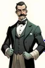 Placeholder: mężczyzna gentelman w cylindrze z wąsem dostojny w monoklu z jego smokingu oderwane są rękawy a jego ramiona są nieproporcjonalnie umięśnione do reszty jego sylwetki. przedramiona oparte są a blat a jedna z umięśnionych rąk podkręca palcami wąsa