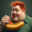 Placeholder: fat man with red hair eating a hot dog, realistic photo