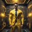 Placeholder: Hyper Realistic handsome muscular Electric-Superhero wearing long-fancy-yellow-tuxedo & fancy-sunglasses in a dark-rustic-circuit-room with electric-sparks & a massive circuit-board-wall