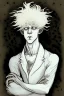 Placeholder: albino young male wizard with third arm extra eyes tendril hair in the style of aubrey beardsley