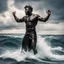 Placeholder: A statue of a powerful Black man standing in the churning ocean with his arms spread over his dominion, he is the Black God Of The Sea and has prominent bulge