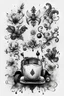 Placeholder: A flash of 10 drawings modern realism with some ink splashes ideas and original designs of the fleur-de-lis and a vespa combined for tattoo designs. Black in on white background